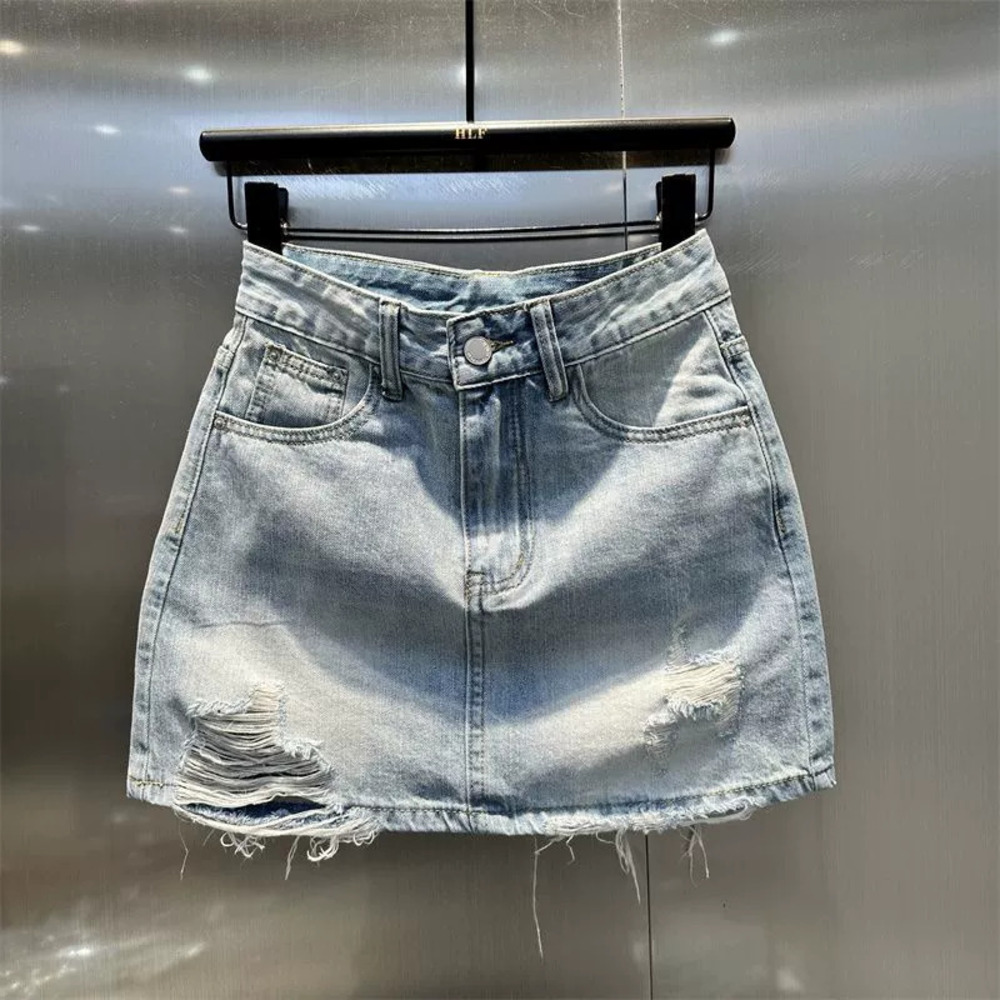 Zara Light Wash Distressed Denim High Waist Bodycon Mini Skirt Anti Exposure
